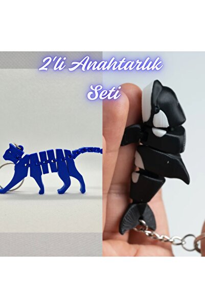 3DAtölyeMaker Blue Flexible Cat and Black Flexible Whale Keychain