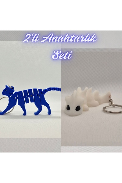 3DAtölyeMaker Blue Flexible Cat and White Flexible Dragon Keychain