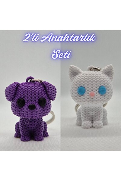 3DAtölyeMaker Purple Knitted Patterned Dog and White Knitted Patterned Cat Ke...