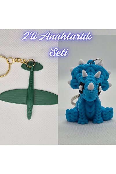 3DAtölyeMaker Dark Green Airplane and Light Blue Knitted Pattern Triceratops ...