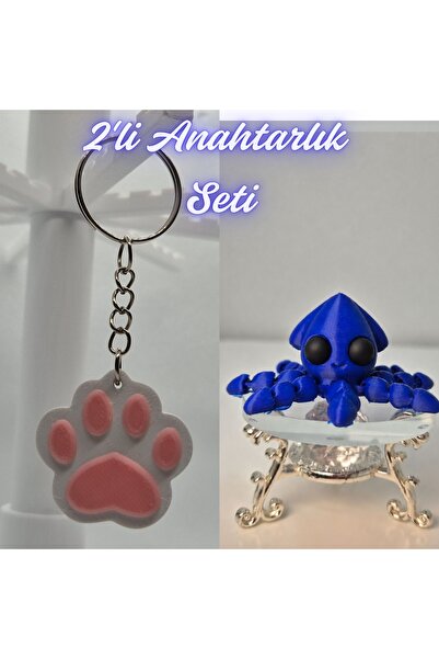 3DAtölyeMaker Light Pink Cat Paw and Blue Squid Keychain