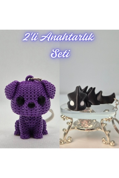 3DAtölyeMaker Purple Knitted Patterned Dog and Black Flexible Dragon Keychain