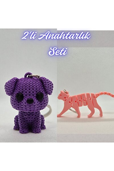 3DAtölyeMaker Purple Knitted Patterned Dog and Light Pink Flexible Cat Keychain