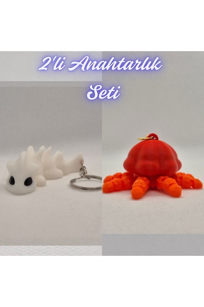 3DAtölyeMaker White Flexible Dragon and Orange Moving Jellyfish Keychain