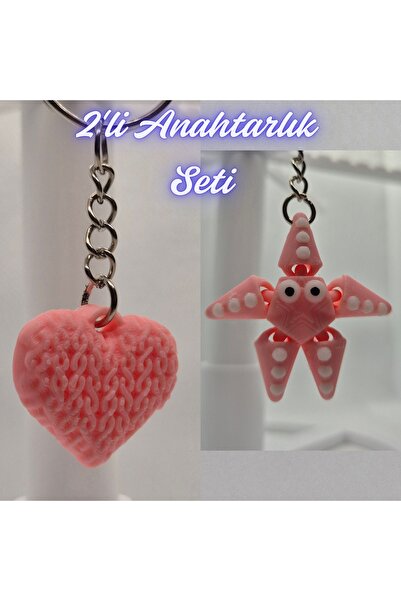 3DAtölyeMaker Light Pink Knitted Patterned Heart and Pink Moving Starfish Key...