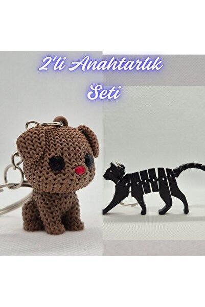 3DAtölyeMaker Dark Brown Knitted Patterned Dog and Black Flexible Cat Keychain