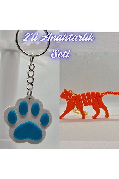 3DAtölyeMaker Light Blue Cat Paw and Orange Flexible Cat Keychain