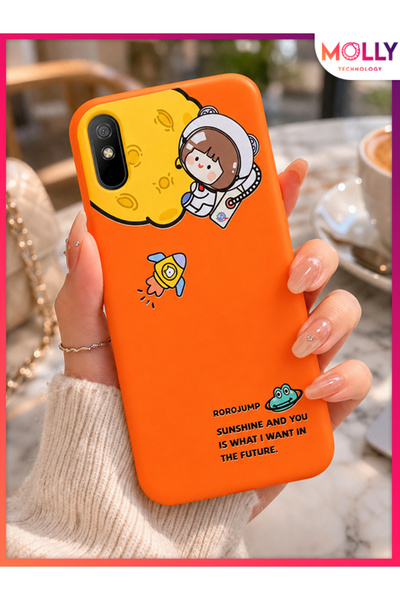 Molly REDMİ 9A İçin Turuncu Sevimli Astronot Roro Desenli Silikon Kılıf