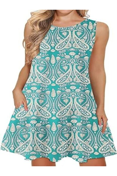 WNEEDU Women Summer Casual Mini Dress Spaghetti Strap V Neck Pockets Mini Dress