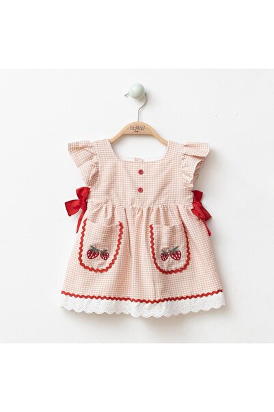 Luna Kids Store فستان بيتي كاريه بتفاصيل شريطية باللون الفراولة للفتيات الصغي...