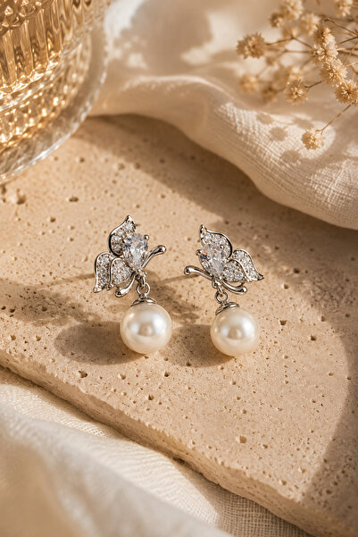 morbella Butterfly Figured Pearl Detailed Women's Earrings Stainless Steel Model