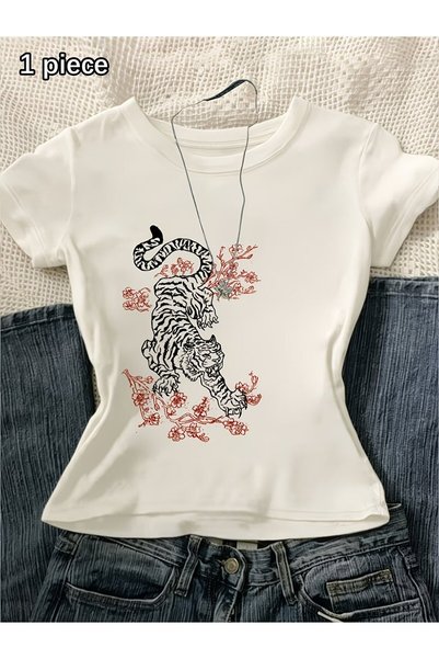 Le Savu Kemer Boy Retro Sakura Tiger Printed Crop Blouse