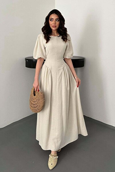 Maxi modena Beige Back Tie Gathered Linen Dress
