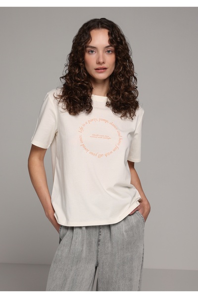 Colin's Regular Fit Round Neck Printed Women's Ecru Short Sleeve T-Shirt
