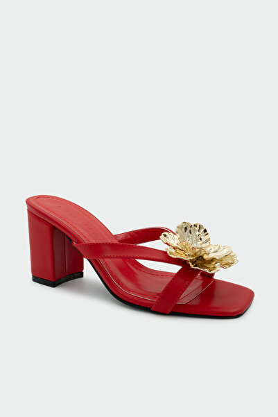 LAMİNTA Otto Gold Flower Detailed Women's Red Heeled Slippers