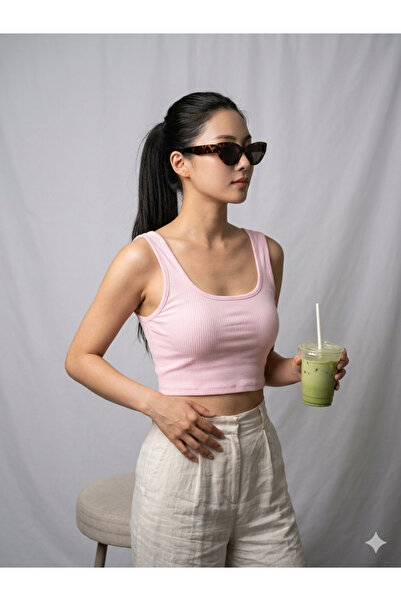 ROSAMİNA Top crop roz pentru femei, decoltat la spate, din twill
