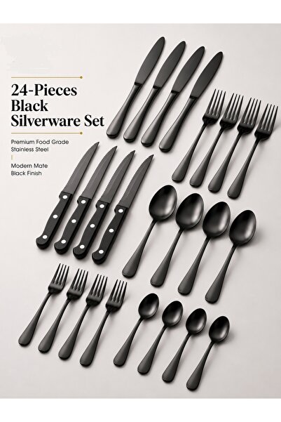 zeetwo 24-Piece Black Stainless Steel Cutlery Set – Premium Food Grade Flatwa...