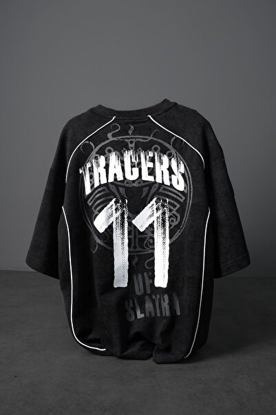 Slatra Men's Black Tracers 11 Printed Oversize Tshirt with Washed Effect