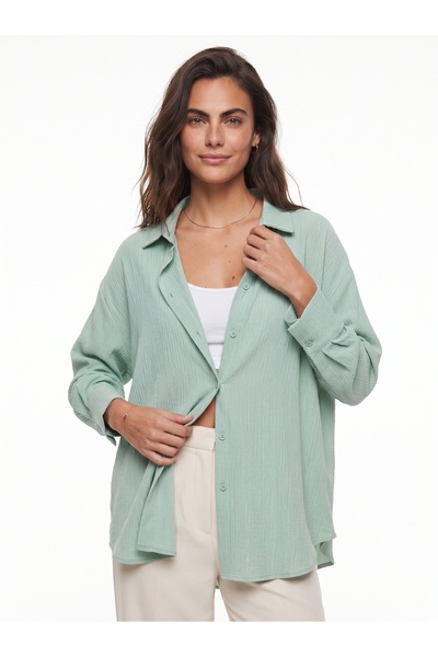 ONLOOX Mint Green Cotton Wrinkled Fabric Off-Shoulder Oversize Long Sleeve Bu...
