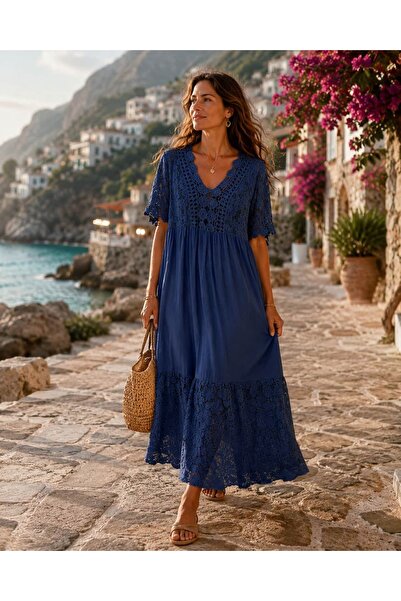 Punta Otantik Msr9574 Italian Lace Half Sleeve Viscose Dress Navy Blue