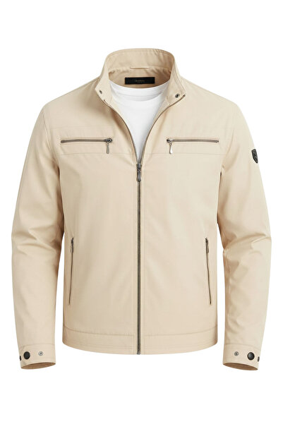 SİVAİST Men's Cream Leather Piping Double Zipper Cotton Lined Embroidered Sli...