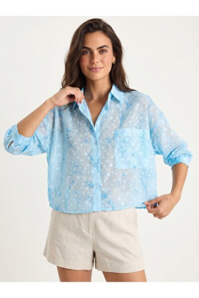 ONLOOX Baby Blue Cotton Jacquard Half Sleeve Transparent Floral Patterned Shi...