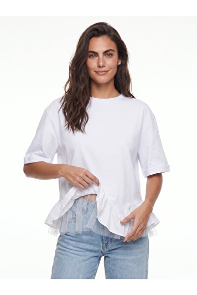 ONLOOX White Cotton Crew Neck Short Sleeve Oversize T-Shirt with Flounce and ...