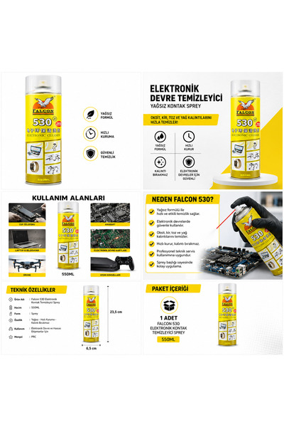 Falcon 530 YAĞSIZ ELEKTRONİK KONTAK TEMİZLEYİCİ SPREY 550ML