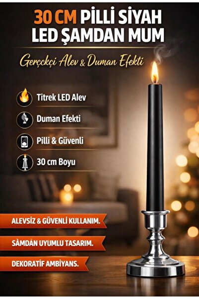 Şamdan 30Cm Pilli Siyah Led Mum