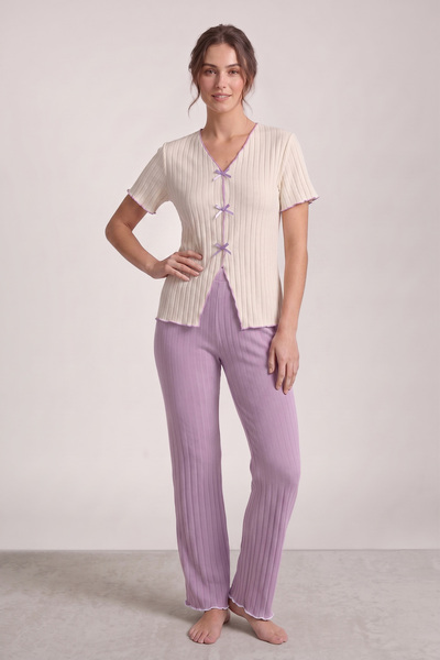 BELLA NOTTE Lilac Seasonal V-Neck Cotton Bow Detailed Pajama Set