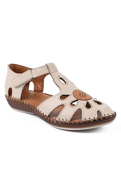 Beety 26016 Genuine Leather Daily Women's Sandals-Beige
