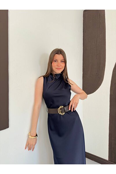 Ekim Store Belted Turtleneck Satin Dress