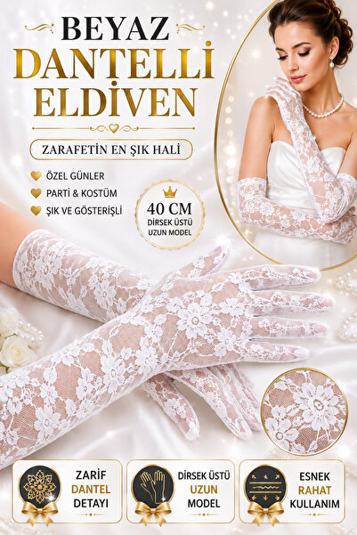 Tamsena Store Beyaz Dantelli Uzun Eldiven Dirsek Üstü Parti ve Kostüm Aksesua...