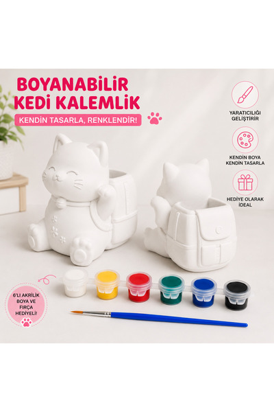 WeSank Boyanabilir Kedi Kalemlik Seti – 6’lı Akrilik Boya ve Fırça Hediyeli D...