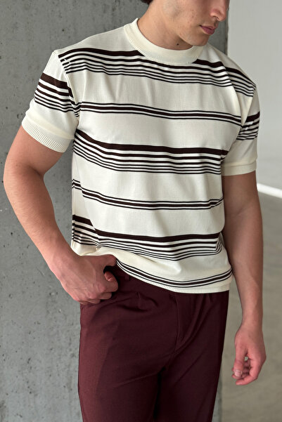 HYMAN Men's Crew Neck Oversize Striped Knitwear T-Shirt