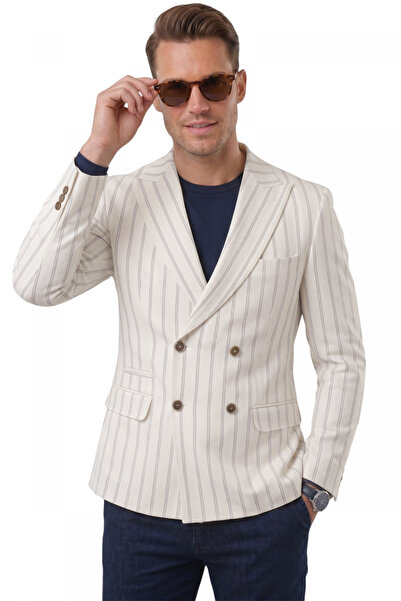 DeepSEA Men's White Striped Double-Breasted Blazer Jacket – Slim Fit Modern C...