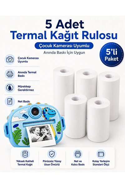 Yellowtech Çocuk Kamerası Uyumlu Termal Kağıt Rulosu 5 Adet Mini Yazıcı Yedek...