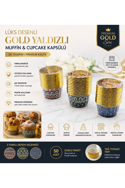Derwell Lüks Desenli Gold Yaldızlı Muffin & Cupcake Kapsülü – Fırınlanabilir ...