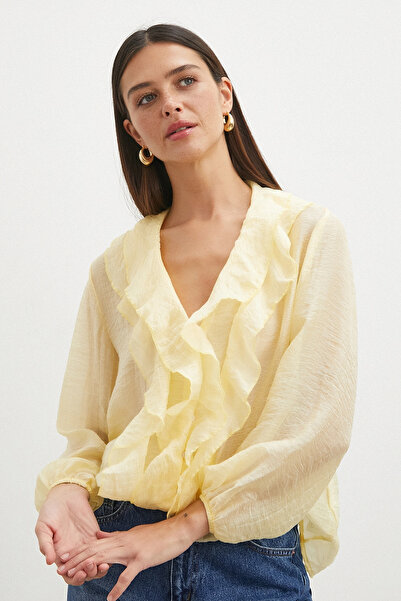 Never more Ruffled Front V-Neck Blouse Yellow