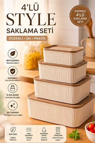 Herza House Set of 4 Rectangular Storage Containers Striped Beige |   Microwa...