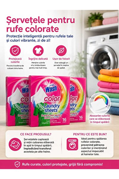 AT HOME WASH Set 3 x Șervețele Anti-Decolorare pentru Rufe Colorate At Home W...