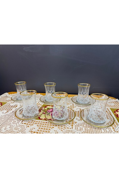 ART GLASS El İşi Kesme Çay Takımı 6 lı