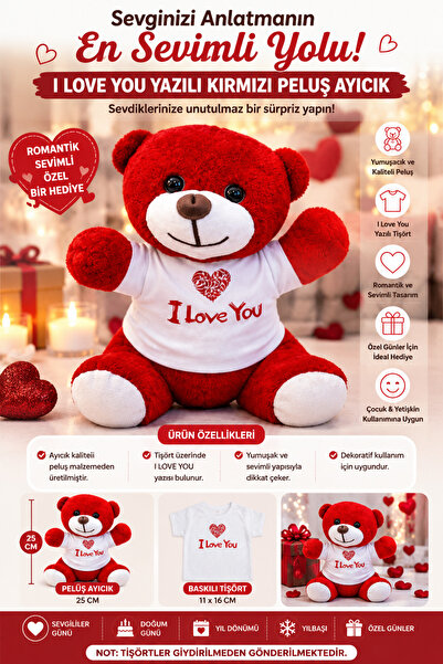 Yenilig Red Plush Teddy Bear with I Love You Written on It, Romantic Gift for...