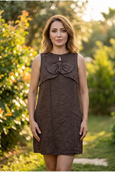 Punta Otantik Nc2104 Italian Ribbon Detailed Short Linen Dress Brown