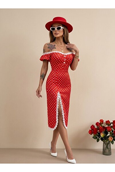 Tayt Factory Off-Shoulder Polka Dot Slit Midi Dress