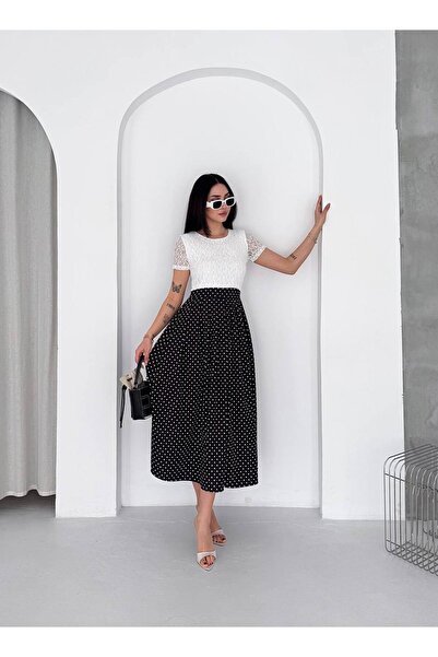 BLUSS Women's Lace Detailed Polka Dot Midi Length Stylish Summer Dress