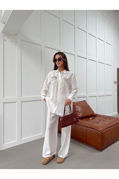 MİA NOURA Women's Shirt with Bead Embroidery on Front, Vorsize Pants, Size Suit