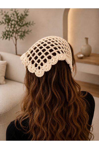 örgü Hand Knitted Cream Nude Lace Hair Bandana Women's Summer Bohemian Crochet Bandana Hair Accessory