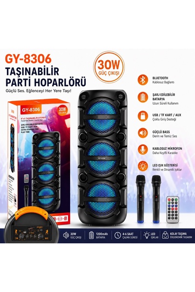 Tastech GY-8306 Çift Karaoke Kablosuz Mikrofonlu Speaker Şarjlı Taşınabilir H...