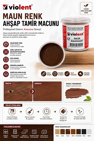 VİOLENT Ahşap Mobilya Tamir Macunu Parke Tamir **MAUN RENK** 200 Gram 1 Adet ...
